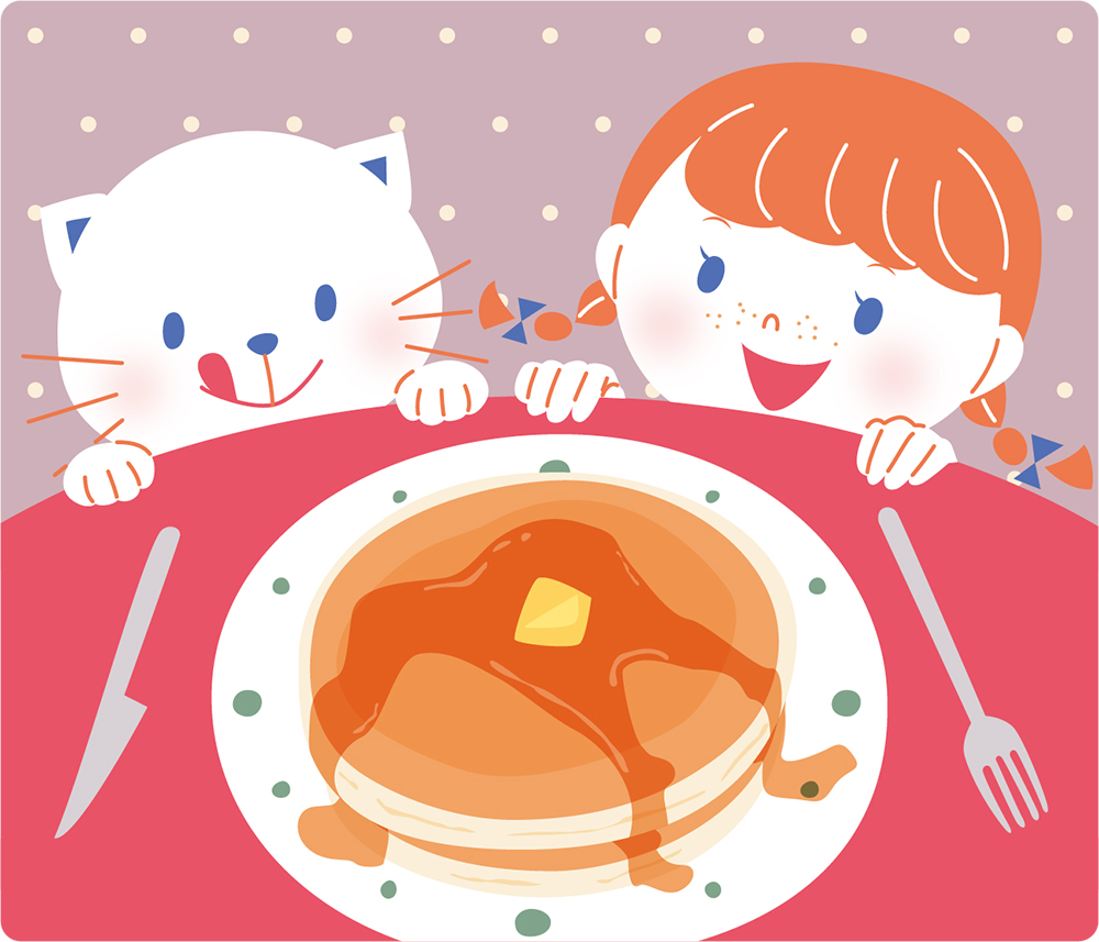 パンケーキと女の子と猫のイラスト イラストレーター モリモトヨシコ かわいい わかりやすい イラスト制作
