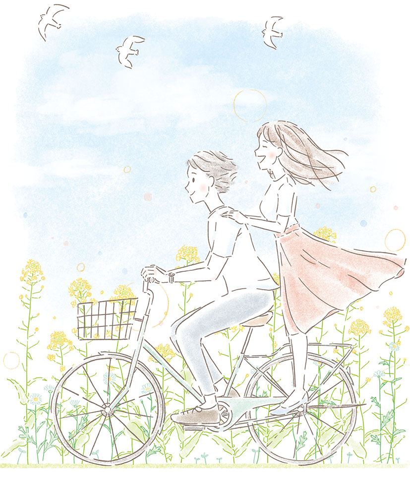 自転車に乗る男女のイラスト イラストレーター モリモトヨシコ かわいい わかりやすい イラスト制作